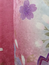 美品 振袖 雪輪に桜文様 金通糸 着物 正絹LL寸 可愛いピンク色系