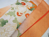 美品 女性 着物 訪問着 花模様 日本刺繍 正絹 手縫い オレンジ色 Japanese kimono