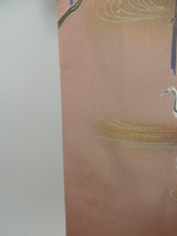 ほぼ美品 女性 着物 訪問着 風景模様 金彩 手描き 正絹 手縫い ピンク色 Japanese kimono