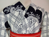 美品 浴衣 注染 団扇模様  japanese yukata 日本製品 白色系