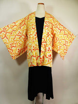 美品 総絞り 羽織 オレンジ色 花模様 日本製 絹製 Kimono jacket