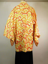 美品 総絞り 羽織 オレンジ色 花模様 日本製 絹製 Kimono jacket