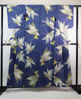 美品 レディース 浴衣 注染 本染め 蝶々模様 手縫い ブルーグレー 反物からお仕立て