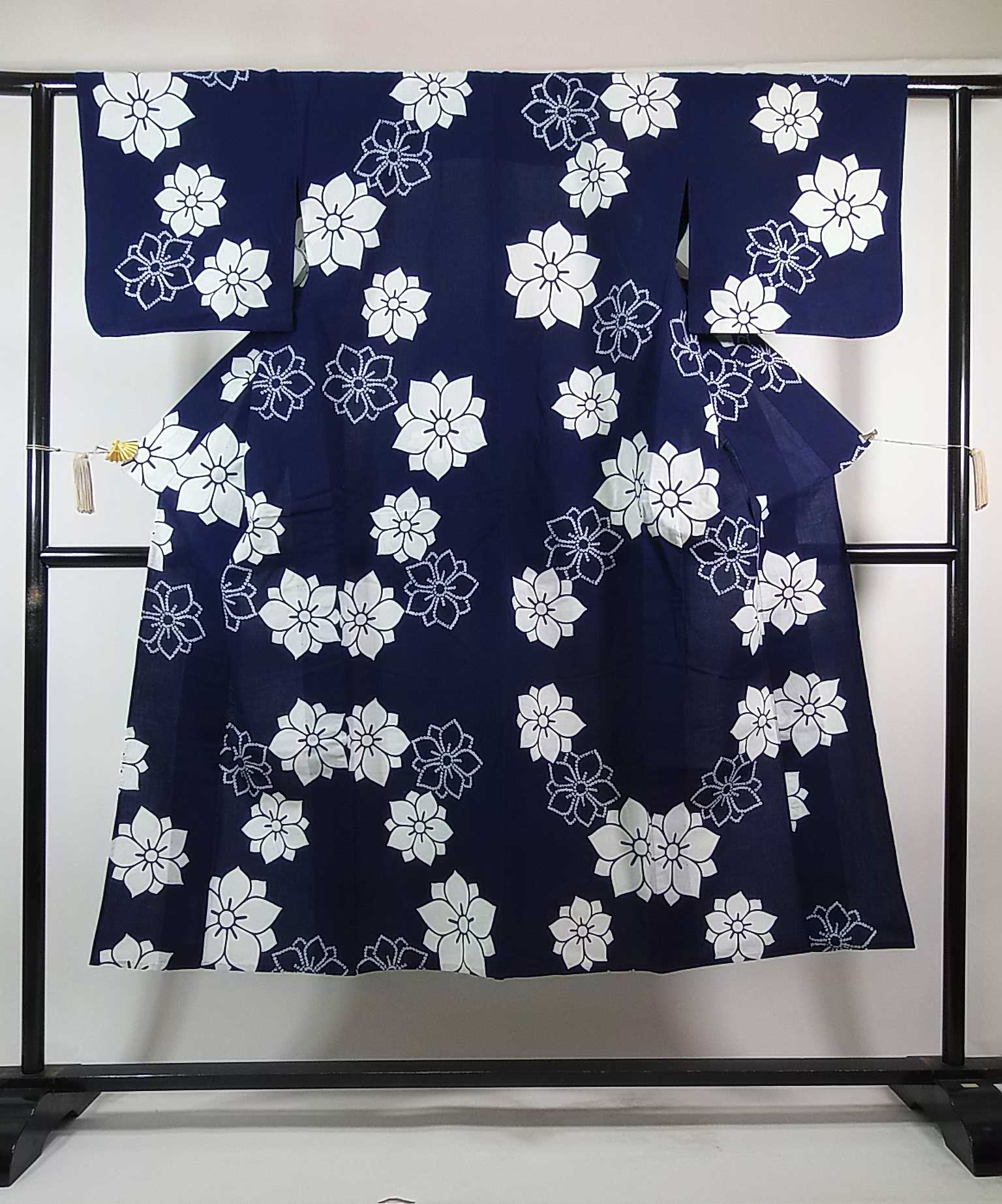 ほぼ美品 レディース 浴衣 注染 本染め 花模様 藍染 手縫い 濃紺