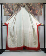 女性 着物 小紋 花模様 ちりめん 正絹 手縫い 赤茶色系