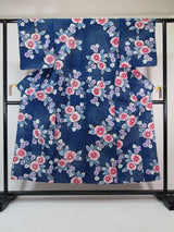 ほぼ美品 注染め 叩き染め 浴衣 朝顔模様 レトロ  Japanese yukata  青色系