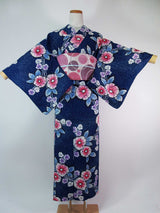 ほぼ美品 注染め 叩き染め 浴衣 朝顔模様 レトロ  Japanese yukata  青色系