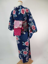 ほぼ美品 注染め 叩き染め 浴衣 朝顔模様 レトロ  Japanese yukata  青色系