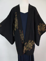 美品 黒羽織 漆織 橘模様 絹製 日本製品 日本の家紋入り Kimono jacket
