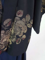 美品 黒羽織 漆織 橘模様 絹製 日本製品 日本の家紋入り Kimono jacket