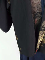 美品 黒羽織 漆織 橘模様 絹製 日本製品 日本の家紋入り Kimono jacket
