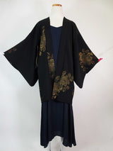 美品 黒羽織 漆織 橘模様 絹製 日本製品 日本の家紋入り Kimono jacket