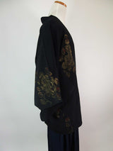 美品 黒羽織 漆織 橘模様 絹製 日本製品 日本の家紋入り Kimono jacket