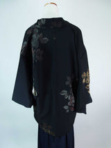 美品 黒羽織 漆織 橘模様 絹製 日本製品 日本の家紋入り Kimono jacket