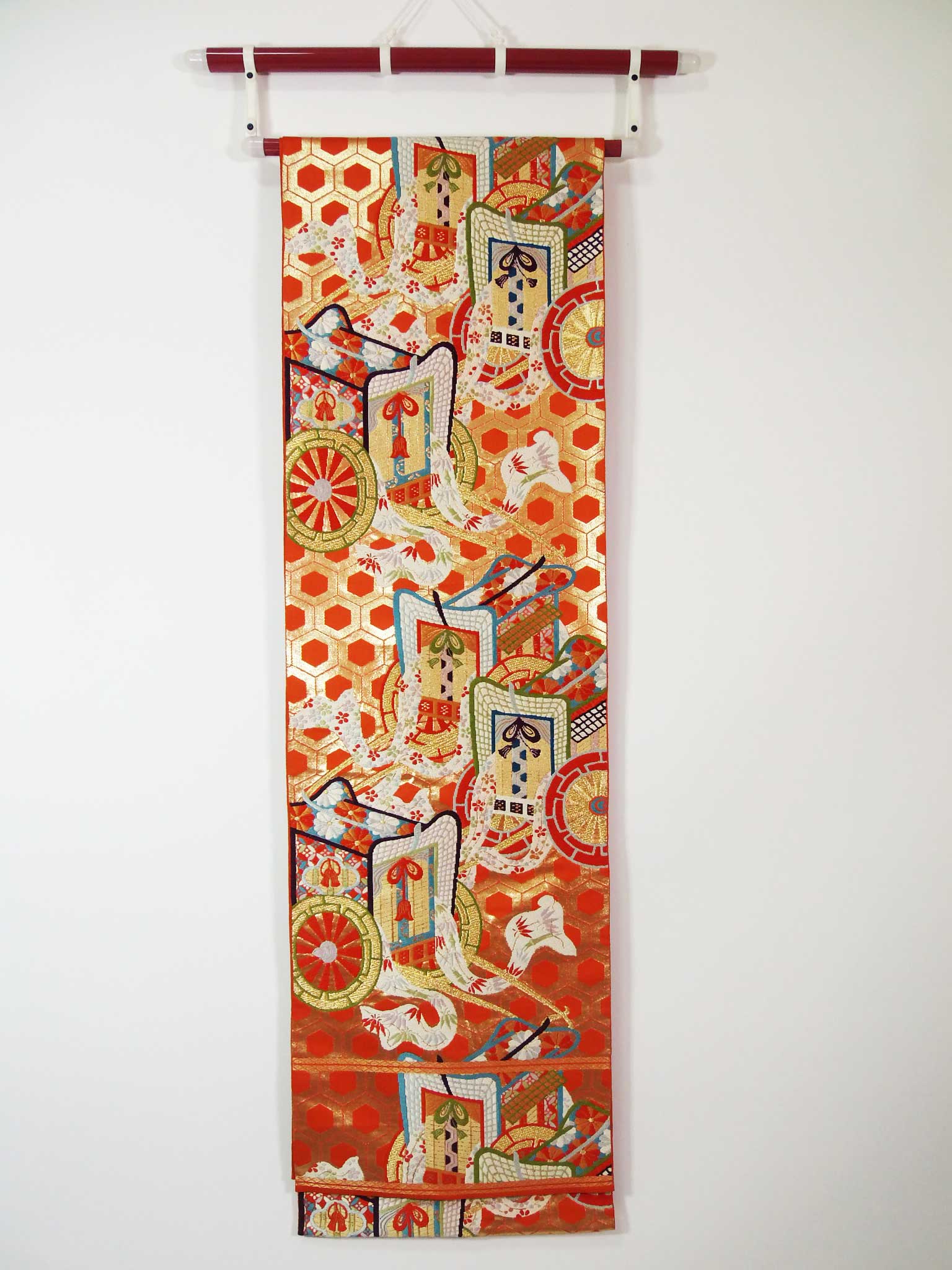 豪華 袋帯 源氏車 金糸織 テーブルランナー 金糸 正絹 リサイクル