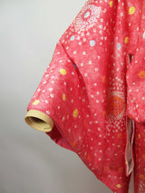 女性 着物 小紋 絞り染め 花模様 正絹 手縫い ピンク Japanese kimono