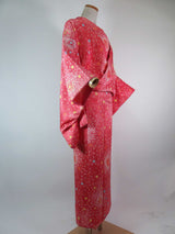 女性 着物 小紋 絞り染め 花模様 正絹 手縫い ピンク Japanese kimono
