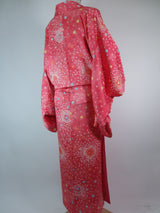 女性 着物 小紋 絞り染め 花模様 正絹 手縫い ピンク Japanese kimono
