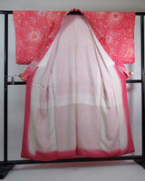 女性 着物 小紋 絞り染め 花模様 正絹 手縫い ピンク Japanese kimono