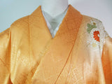 美品 女性 着物 訪問着 花模様 日本刺繍 正絹 手縫い オレンジ色 Japanese kimono