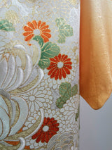 美品 女性 着物 訪問着 花模様 日本刺繍 正絹 手縫い オレンジ色 Japanese kimono