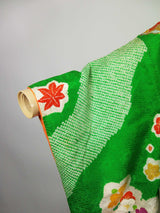 女性 着物 振袖 花模様 金駒刺繍 手描き 正絹 手縫い 緑色 Japanese kimono
