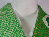 女性 着物 振袖 花模様 金駒刺繍 手描き 正絹 手縫い 緑色 Japanese kimono