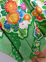 女性 着物 振袖 花模様 金駒刺繍 手描き 正絹 手縫い 緑色 Japanese kimono