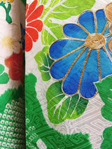 女性 着物 振袖 花模様 金駒刺繍 手描き 正絹 手縫い 緑色 Japanese kimono