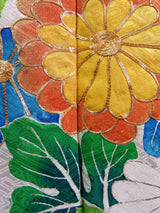 女性 着物 振袖 花模様 金駒刺繍 手描き 正絹 手縫い 緑色 Japanese kimono