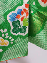 女性 着物 振袖 花模様 金駒刺繍 手描き 正絹 手縫い 緑色 Japanese kimono