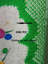 女性 着物 振袖 花模様 金駒刺繍 手描き 正絹 手縫い 緑色 Japanese kimono