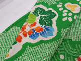 女性 着物 振袖 花模様 金駒刺繍 手描き 正絹 手縫い 緑色 Japanese kimono