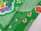 女性 着物 振袖 花模様 金駒刺繍 手描き 正絹 手縫い 緑色 Japanese kimono