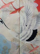 古典美 振袖3点セット＊赤地 鶴舞う吉祥文様 正絹＋袋帯＋洗える長襦袢　Full set / Easy care / Beginner friendly