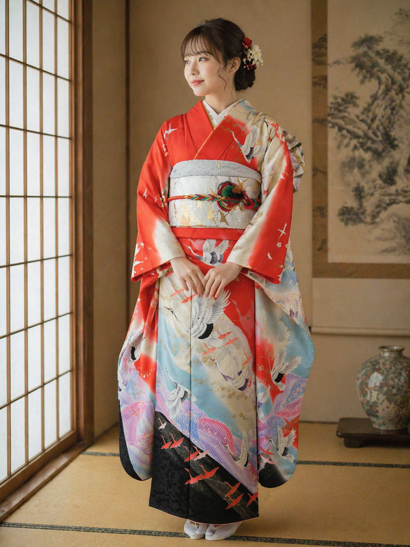 古典美 振袖3点セット＊赤地 鶴舞う吉祥文様 正絹＋袋帯＋洗える長襦袢