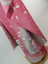 Beautiful Furisode, Kimono, pure silk, LL size, lovely pinkish color, cherry blossom design on snowflake ring, gold thread