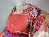 振袖 フルセット（長襦袢・袋帯・帯揚げ・帯締め）友禅 花扇面文様 薄紅×生成り 古典美 逸品     Full set / Ready to wear