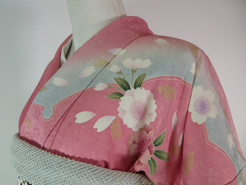 Beautiful Furisode, Kimono, pure silk, LL size, lovely pinkish color, cherry blossom design on snowflake ring, gold thread