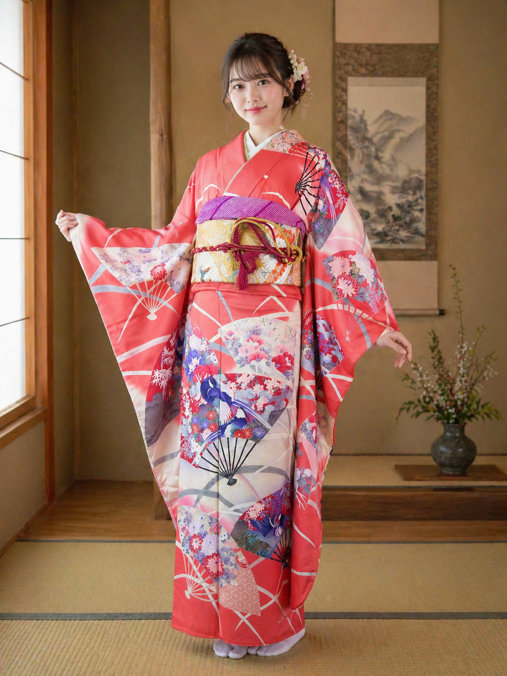 振袖 フルセット（長襦袢・袋帯・帯揚げ・帯締め）友禅 花扇面文様 薄