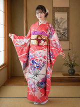 振袖 フルセット（長襦袢・袋帯・帯揚げ・帯締め）友禅 花扇面文様 薄紅×生成り 古典美 逸品     Full set / Ready to wear