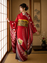 New Silk Furisode Kimono｜鹿子絞り 花文様 金彩 正絹 赤黒ぼかし Japanese Formal Kimono
