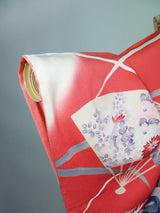 振袖 フルセット（長襦袢・袋帯・帯揚げ・帯締め）友禅 花扇面文様 薄紅×生成り 古典美 逸品     Full set / Ready to wear