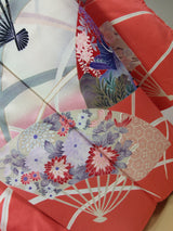 振袖 フルセット（長襦袢・袋帯・帯揚げ・帯締め）友禅 花扇面文様 薄紅×生成り 古典美 逸品     Full set / Ready to wear