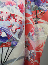 振袖 フルセット（長襦袢・袋帯・帯揚げ・帯締め）友禅 花扇面文様 薄紅×生成り 古典美 逸品     Full set / Ready to wear
