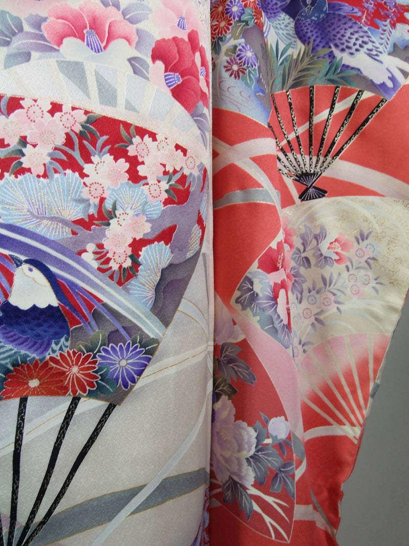 振袖 フルセット（長襦袢・袋帯・帯揚げ・帯締め）友禅 花扇面文様 薄