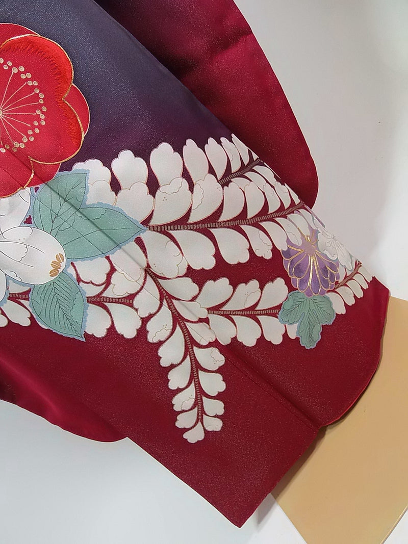 美品　豪華　振袖　幻の花辻ヶ花文様　金通糸　金駒刺繍　正絹　ブルーグレー×臙脂色系