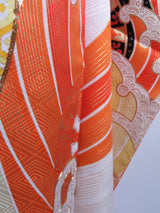 Vintage Silk Furisode Kimono | Rough Waves, Genji-guruma & Gosho-guruma Motifs with Gold-thread Couching Embroidery (Kinkoma-shishu)