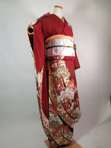 逸品 振袖 松に宝尽くし文様 金彩 縮緬 深紅系 正絹 長襦袢付き 2点セット