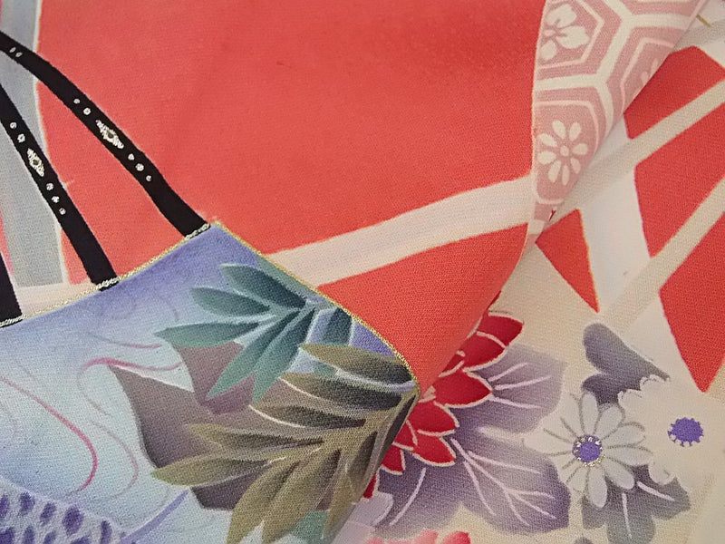 振袖 フルセット(長襦袢・袋帯・帯揚げ・帯締め)友禅 花扇面文様 薄 振袖 フルセット(長襦袢・袋帯・帯揚げ・帯締め)友禅 花扇面文様 薄